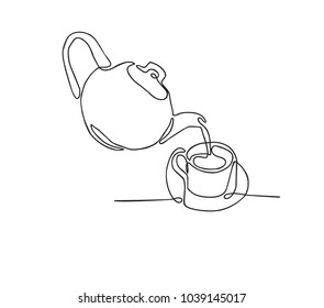 vector continuous line drawing of Tea pot and tea cup on a white background. Logo. Tea house. The icon. Business card.