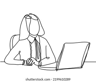 a vector continuous line drawing of a woman working in an office sitting on a chair and looking at a laptop.