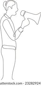 Vector continuous line drawing of young man with megaphone on white background