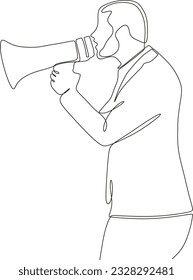 Vector continuous line drawing of young man with megaphone on white background