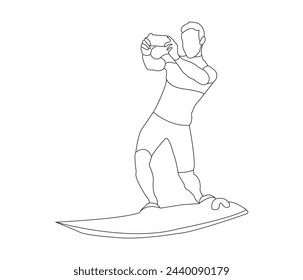 Vector continuous line drawing young happy tourist surfer