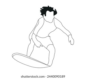 Vector continuous line drawing young happy tourist surfer