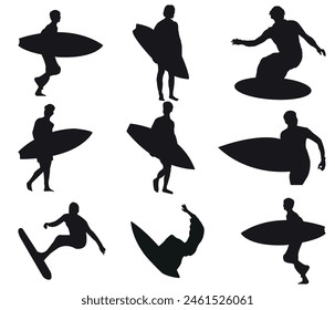 Vector continuous line drawing young happy tourist surfer silhouette	