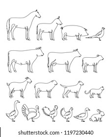 Vector continuous line farm animals silhouettes isolated on white. Livestock and poultry icons for farms, groceries, butchery, dairy products packaging and branding.