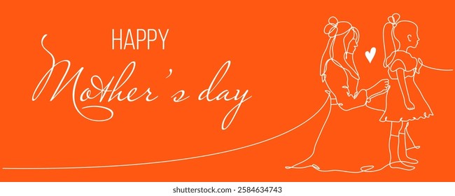 Vector continuous line greeting card of mother and new born daughter. Happy Mother's day concept