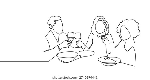 Vector continuous line of a group of people having dinner.