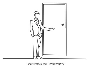 vector continuous line of man opening the door.vector single line of man pointing at the door with hand