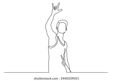 vector continuous line of man with rock and roll hand gesture.man raises hand and symbolizes rock and roll,three fingers.single line art isolated white background