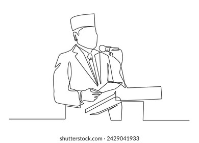 vector continuous line of Muslim official giving a speech.single line vector of man speaking in public,speaking on the pulpit.man giving a speech,delivering a presentation