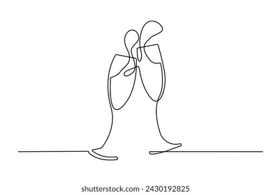 vector continuous line of two glasses of champagne .single line vector of two glasses of champagne.concept of party,celebration,toast drink