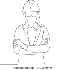 vector continuous line of a woman being a building architect pointing at something