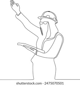 vector continuous line of a woman being a building architect pointing at something