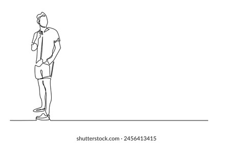 vector continuous line of young man standing in casual clothes and looking towards the side.one line drawing.hand drawn vector illustration
