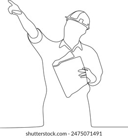 vector continuous line of a young man being a building architect is pointing at something