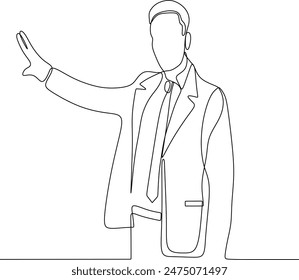 vector continuous line of a young man being a building architect is pointing at something
