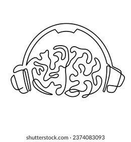 Vector continuous one line brain listening music with headphone illustration