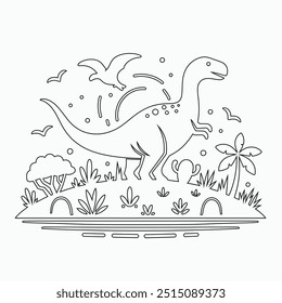 Vector continuous one line dinosaurs illustration. large animals in ancient times, Single continuous line drawing of animal for logo identity.