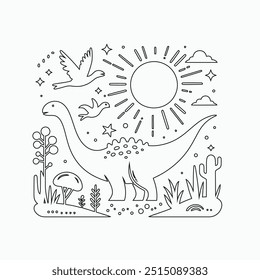 Vector continuous one line dinosaurs illustration. large animals in ancient times, Single continuous line drawing of animal for logo identity.