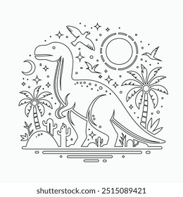 Vector continuous one line dinosaurs illustration. large animals in ancient times, Single continuous line drawing of animal for logo identity.