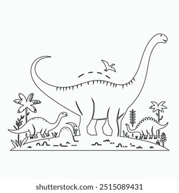 Vector continuous one line dinosaurs illustration. large animals in ancient times, Single continuous line drawing of animal for logo identity.