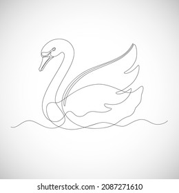 Vector Continuous One Line Drawing. Silhouette of Swan on the Water. Bird Modern Illustration. Isolated on a White Background.