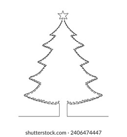 Vector continuous one line drawing of Christmas tree isolated on white background
