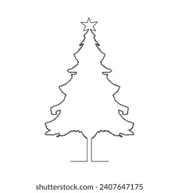 Vector continuous one line drawing of christmas tree isolated on white background and minimal art illustration