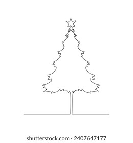 Vector continuous one line drawing of christmas tree isolated on white background and minimal art illustration