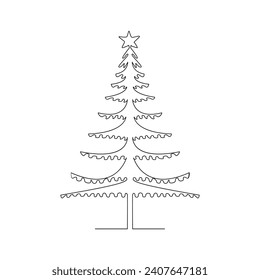 Vector continuous one line drawing of christmas tree isolated on white background and minimal art illustration