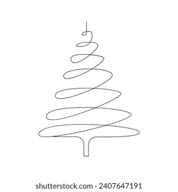 Vector continuous one line drawing of christmas tree isolated on white background and minimal art illustration