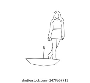 Vector continuous one line drawing of a girl holding an umbrella
