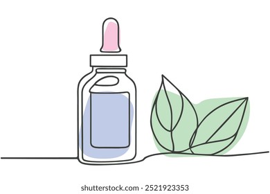 Vector continuous one line drawing of medicine bottle on white background. Homeopathy, linear stylized.