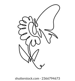 Vector continuous one line Flower with butterfly illustration
