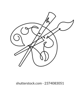 Vector continuous one line paint brush with color palette illustration