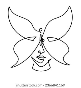 Vector continuous one line woman face with butterfly illustration