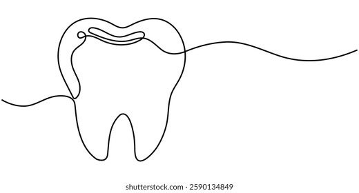 Vector continuous one simple single abstract line drawing of tooth dental clinic and care concept, Single line drawing of a tooth, Single continuous line art anatomical human tooth silhouette.