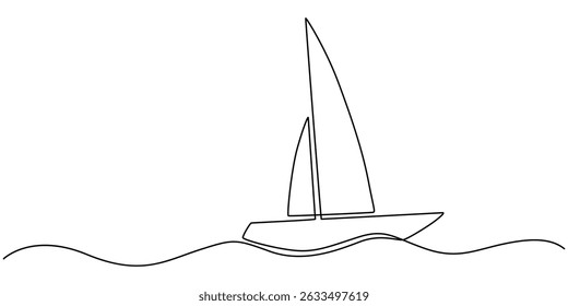 Vector continuous one simple single abstract line drawing of Sailboat travel tourism concept isolated on a white background, Business icon. Vector illustration, Sailboat single minimal line drawing.