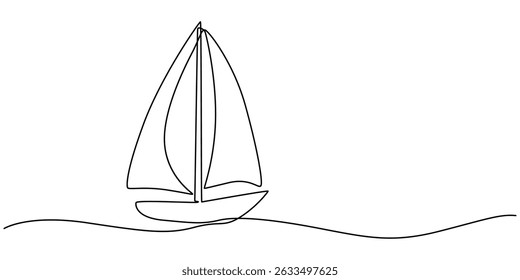 Vector continuous one simple single abstract line drawing of Sailboat travel tourism concept isolated on a white background, Business icon. Vector illustration, Sailboat single minimal line drawing.
