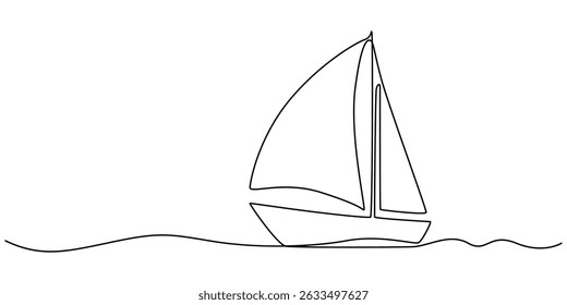 Vector continuous one simple single abstract line drawing of Sailboat travel tourism concept isolated on a white background, Business icon. Vector illustration, Sailboat single minimal line drawing.