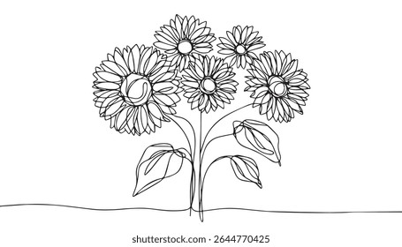Vetor contínuo um simples desenho de linha abstrata de flor de sol isolado no fundo branco, Um elemento de girassol de linha. Preto e branco monocromático arte de linha única contínua, girassol pro.