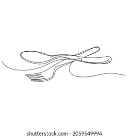 Vector continuous one single line drawing of spoon and fork in silhouette on a white background. Linear stylized.