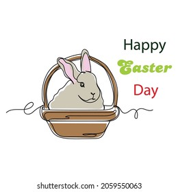 Vector continuous one single line drawing of bunny sitting in a basket Happy Easter Day concept  in silhouette on a white background. Linear stylized.