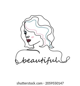 Vector continuous one single line drawing of abstract woman face with short bob hair in silhouette on a white background. Linear stylized.