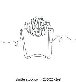 Vector continuous one single line drawing of french fries in paper cup or package in silhouette on a white background. Linear stylized.
