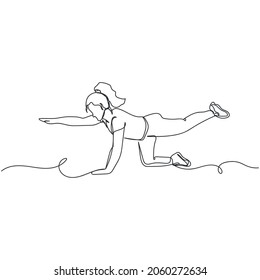 Vector continuous one single line drawing of woman exercising home sport concept in silhouette on a white background. Linear stylized.