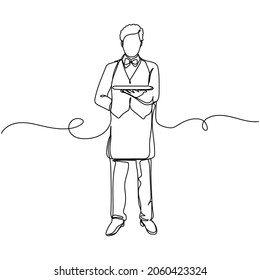 Vector continuous one single line drawing of waiter in silhouette on a white background. Linear stylized.