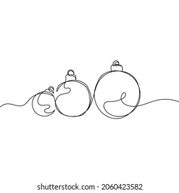 Vector continuous one single line drawing of three christmas bauble or ball in silhouette on a white background. Linear stylized.
