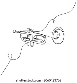 Vector Continuous One Single Line Drawing Of Music Trumpet In Silhouette On A White Background. Linear Stylized.