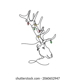 Vector continuous one single line drawing of profile elk head face with christmas light in silhouette on a white background. Linear stylized.