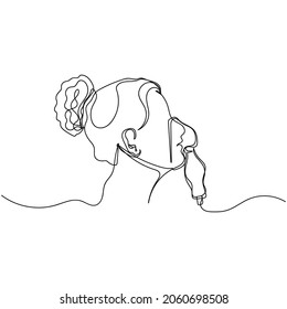 Vector continuous one single line drawing of woman uses inhaler nebulizer medical coronavirus concept in silhouette on a white background. Linear stylized.